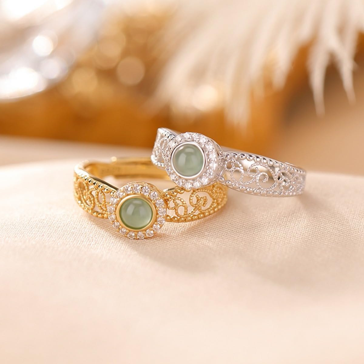 S925 Sterling Silver Jade Rings, iligree Ruyi Hollow-Out Open Jade Ring for Women, A Women's Day Gift for Yourself。