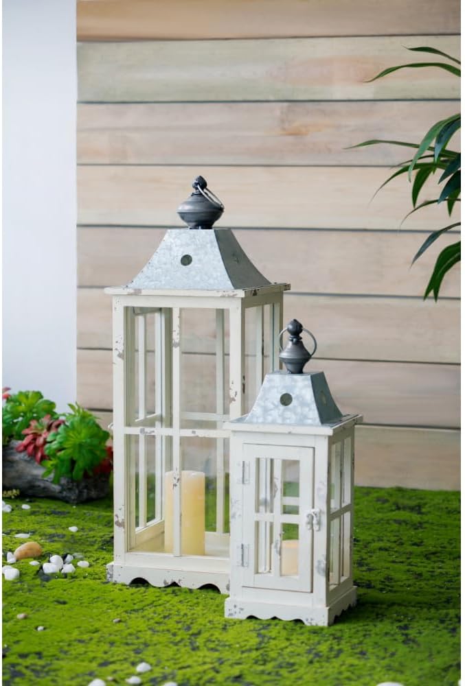 Wooden Candle Lantern Set with Glass Panels, Decorative Outdoor Indoor Lanterns for Home Garden Patio Wedding Events (Ivory + Wood+Glass)
