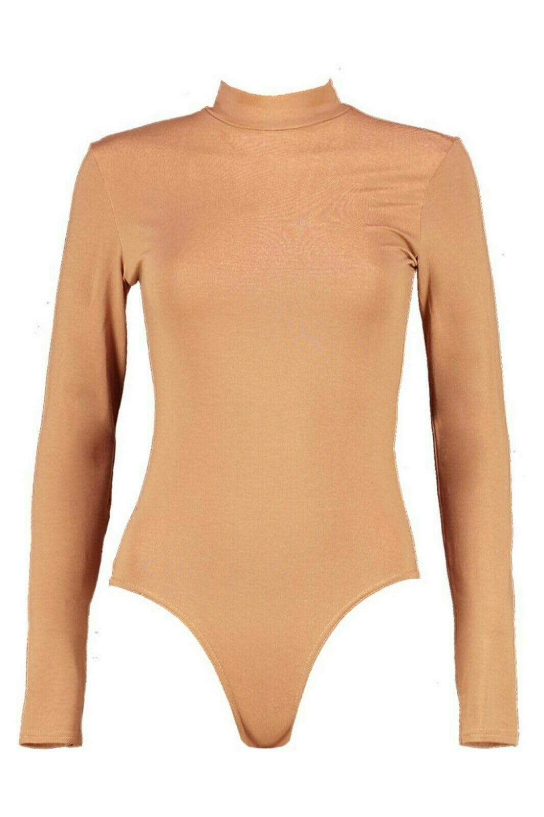 Fairy Trendz Ltd Women's Camel Plain Polo Neck Bodysuit High Turtle Neck Long Sleeve Leotard Top Uk 8-14