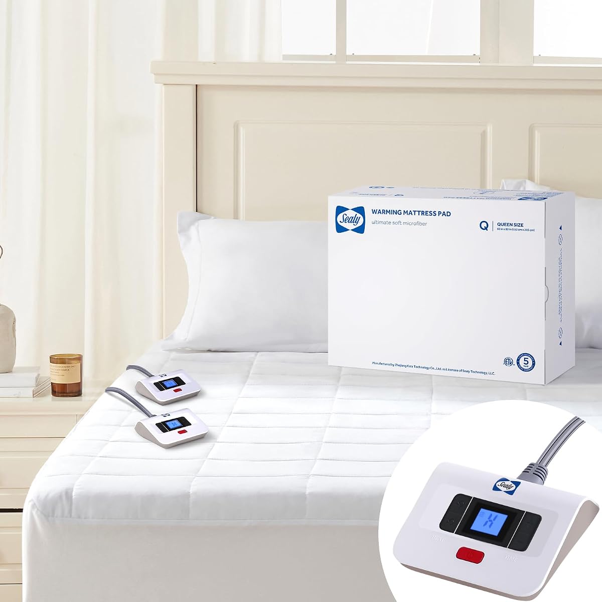 Protector de colchón eléctrico Sealy tamaño Queen 10 configuraciones de calor lavable a máquina | Calentador de cama con apagado automático de 1 a 12 horas, apto para bolsillos de hasta 15 a 17 pulgadas de profundidad