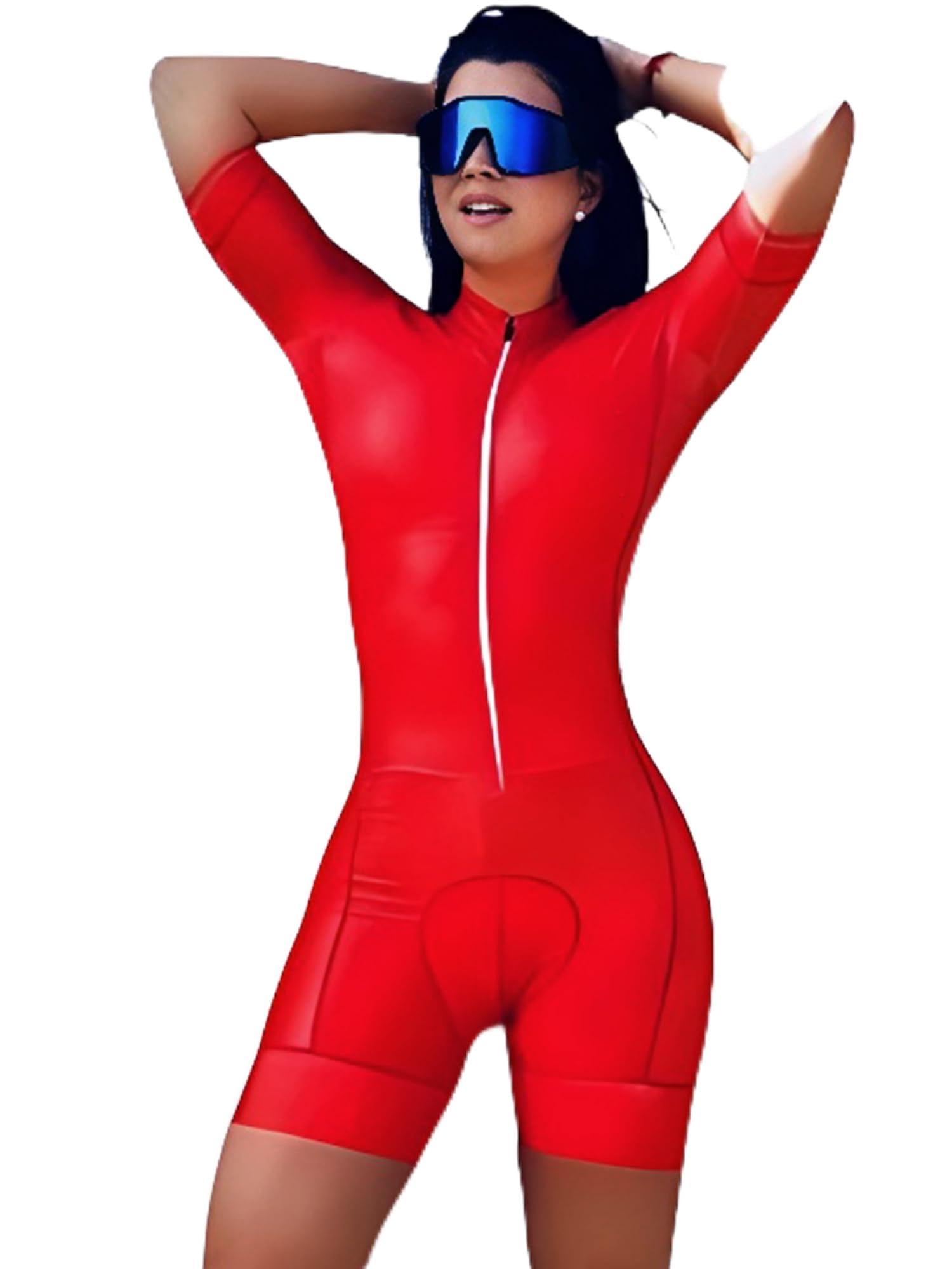 Damen Triathlon Anzug Einteiler Radanzug Kurzarm Skinsuit Jumpsuit Radfahren Damen Radtrikot Rot