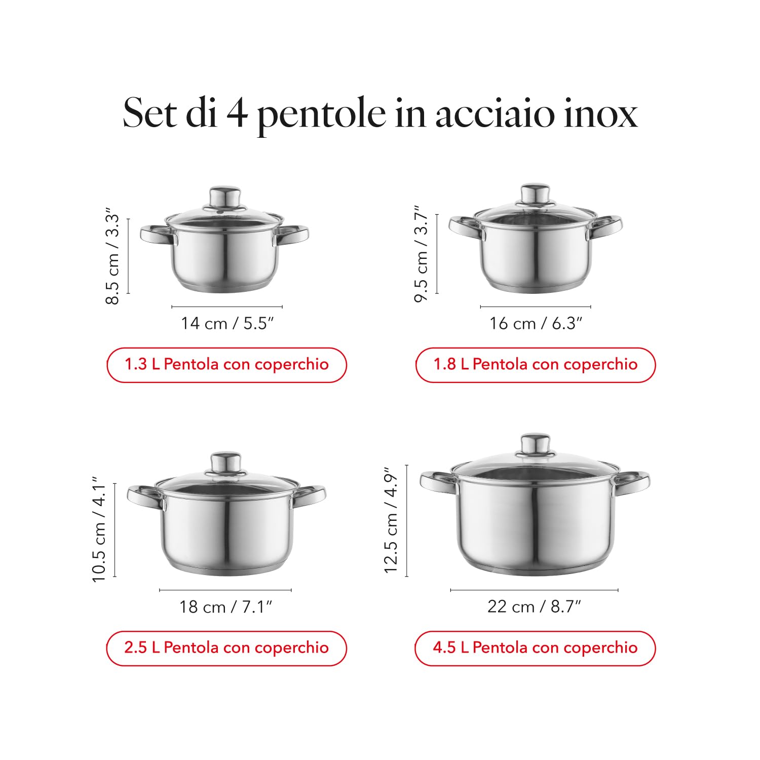 FLORINA Set Pentole POLPO I Set di Pentole 8 Pezzi I Acciaio Inox di Alta Qualità I Coperchio in Vetro e Misurino I Adatte alla Lavastoviglie I Ideali per Piano Cottura a Induzione, Gas, Elettrico