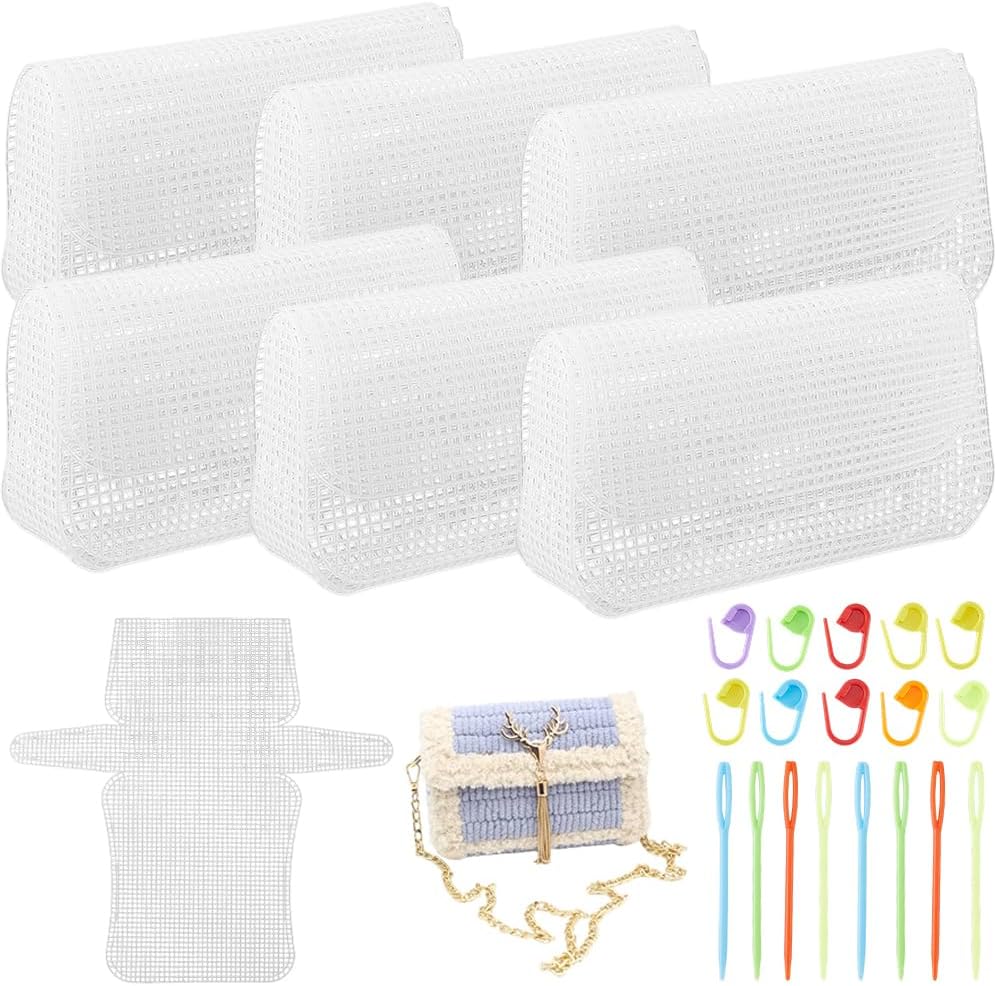 CRASPIRE 6 Sets Plastic Mesh Canvas Kit Knitting White Mesh Purse Bag Blank Colorful Embroidery Sewing Cross Stitch Needle Clasps Kits for Knitting Canvas Crochet Crossbody Handbags DIY Crafts