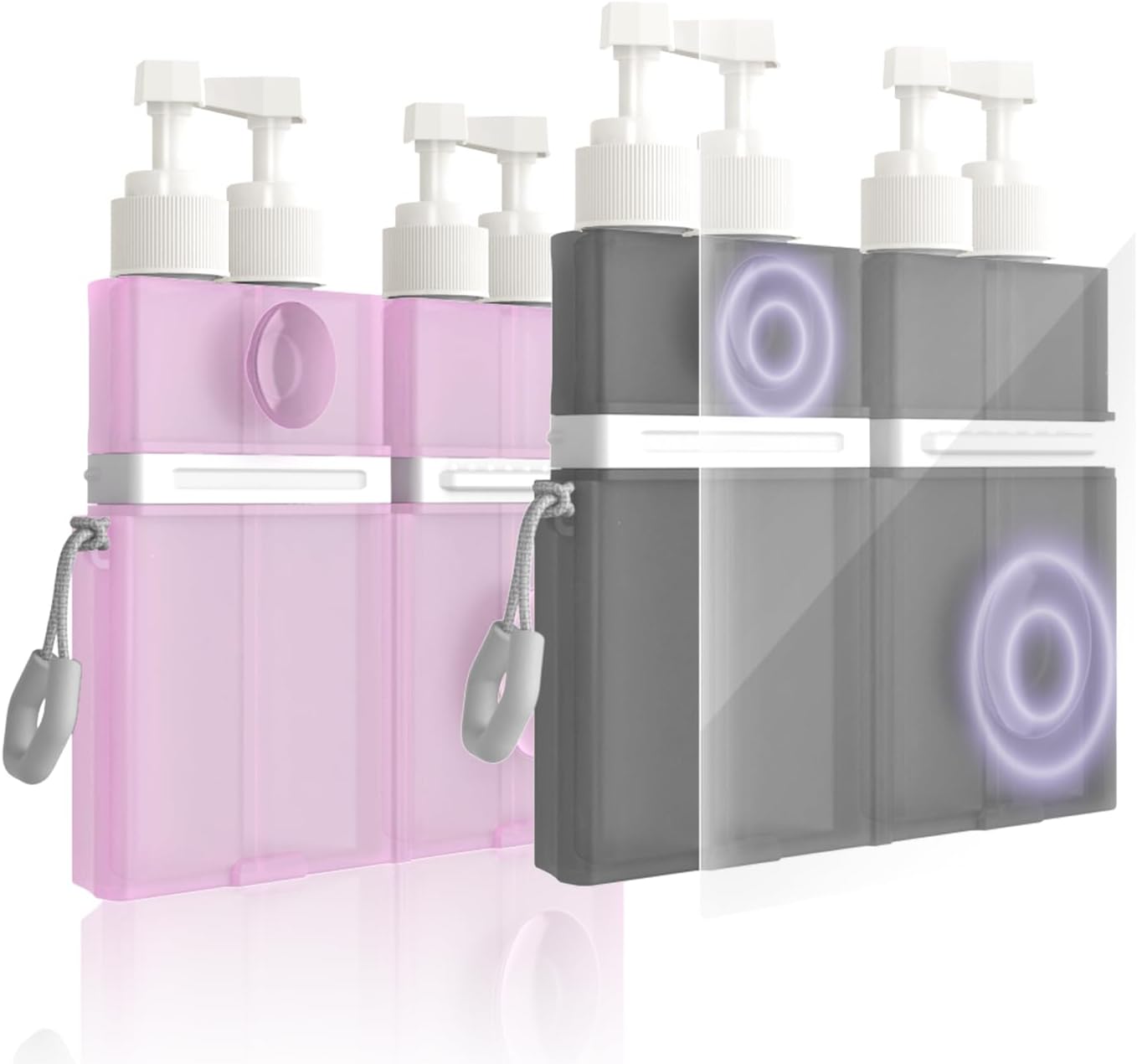 4 in 1 Travel Dispenser Bottle, TSA Approved Refillable Shampoo and Conditioner Bottles Set with Suction Cup for Smooth Walls, Travel Size Toiletries Container for Body Wash/Lotion.(Pink+Grey) 2P