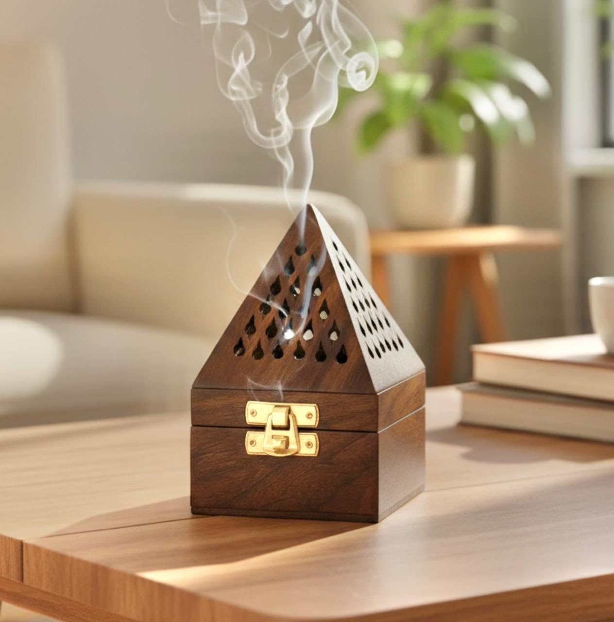 Wooden Pyramid Incense Stick Holder Box with Brass Latch | Carved Jali Design, Agarbatti Holder, Pooja Decor, Storage Box, Traditional Craft-image-25