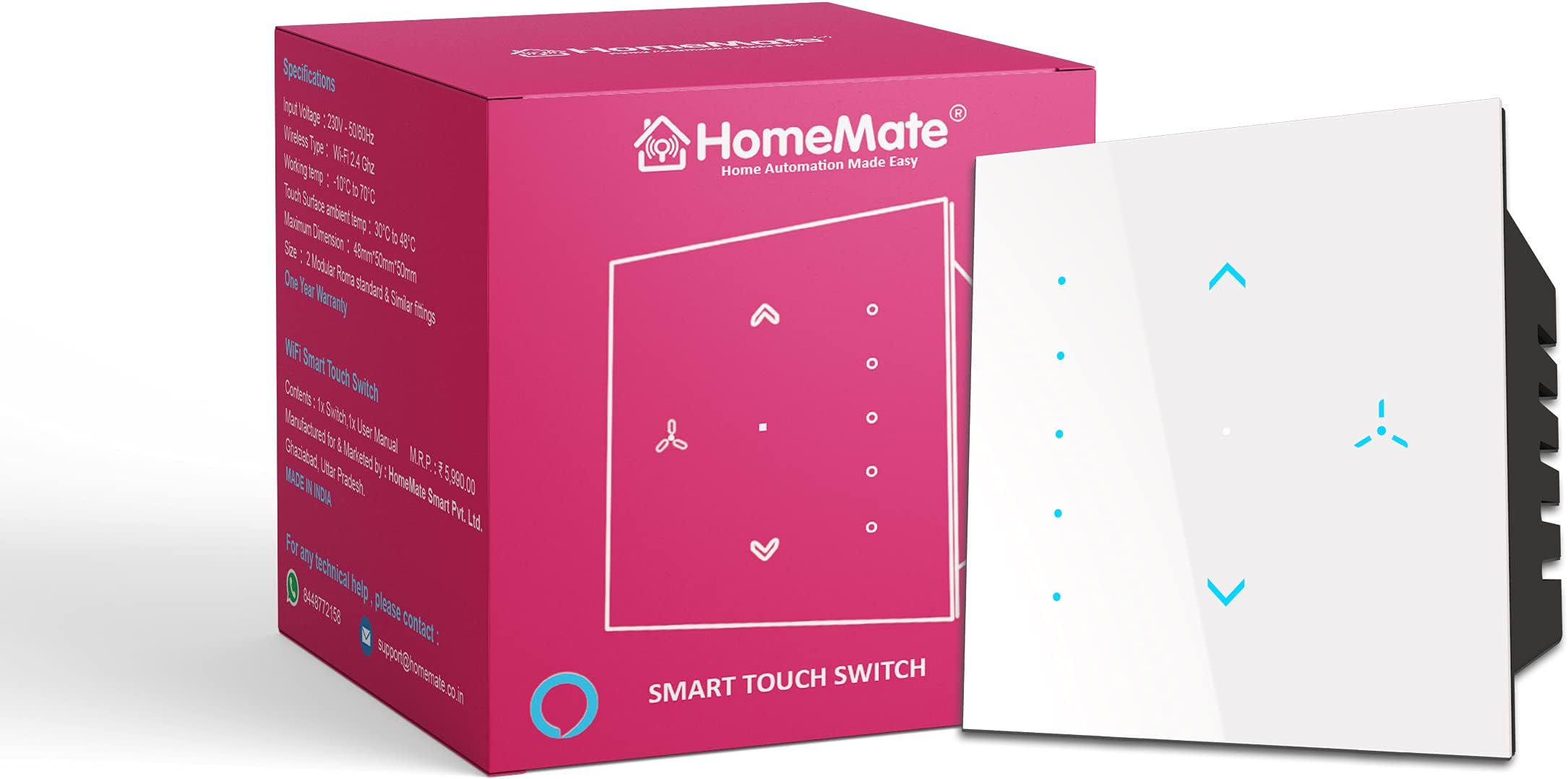 HomeMate Wi-Fi Smart Fan Regulator Touch Switch | No Hub Required | Works with Amazon Alexa, Google Assistant & Siri (Pack of 1, White)