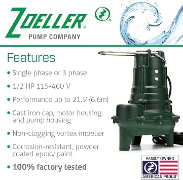 Zoeller Waste-Mate 267-0001 Sewage Pump, 1/2 HP Automatic Heavy-Duty Submersible Sewage, Effluent or Dewatering Pump