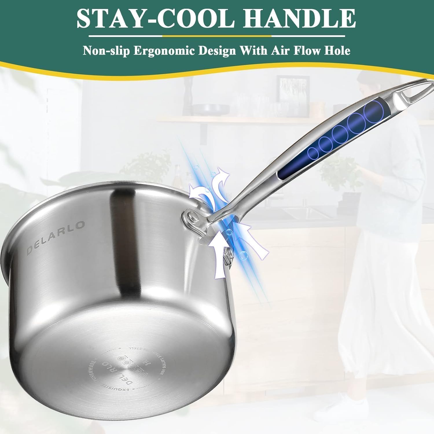 DELARLO Tri-Ply Whole-Clad Stainless Saucepan 3.5 Quart Steamer Set With Glass Lid, Ergonomic Handle, Vegetable Steamer, Multipurpose Sauce Pan, Kitchen Sauce Pot, Oven Safe