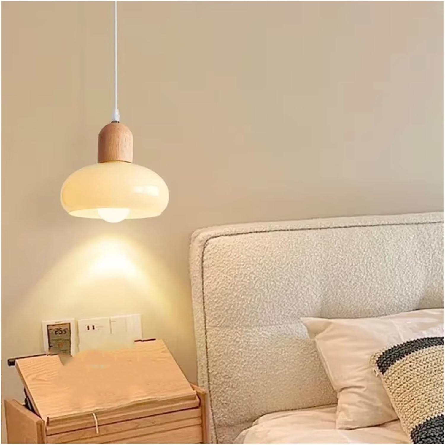 HDC Wooden Dome Pendant Light with Cream Glass Shade | Modern Nordic Hanging Ceiling Lamp for Dining Room Kitchen Island Bedroom Bedside Living Room | Minimalist Wooden Hanging Light (B)-image-32