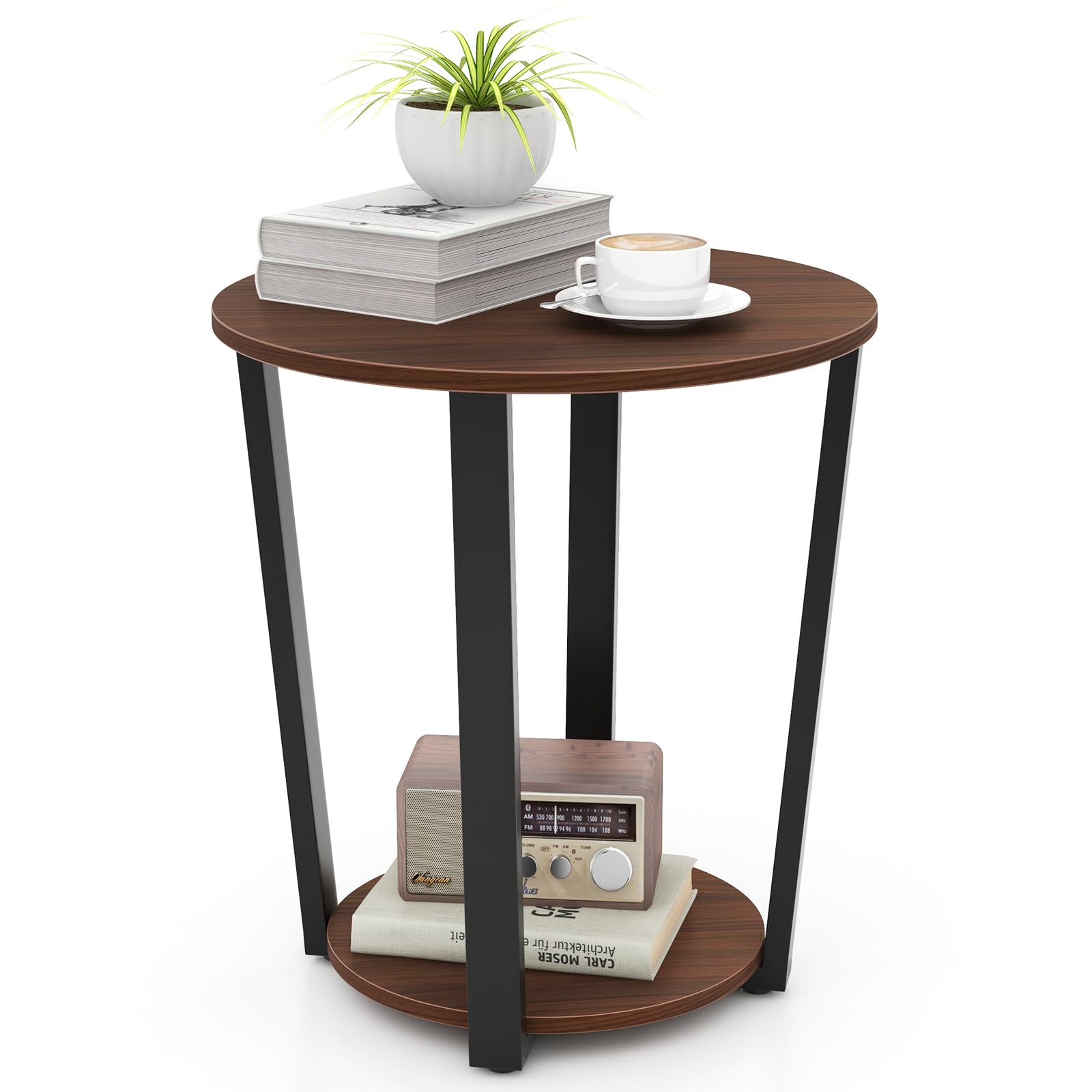 COSTWAY Industrial Side Table, 2-Tier Rustic Coffee Snack Table Laptop Desk, Home Office Round End Table for Living Room Bedroom Balcony (Walnut)