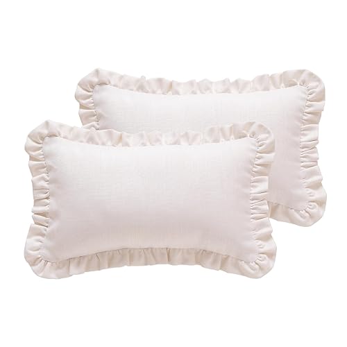 ISAENNE 2 Pcs Classic White Lumbar Throw Pillow Cover 12"x20", Solid Color Cottage Linen Cotton Decor Pillow Cover with Ruffles,Sturdy Rectangle Throw Pillow Case for Couch Sofa Bed Living Room