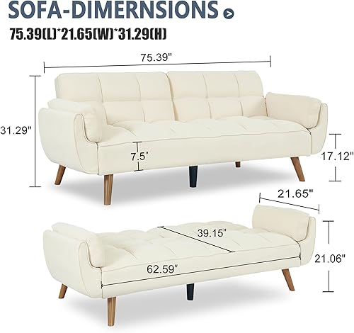 Miniatura 2 de Sofá cama futón convertible, sofá futón moderno de lino de 75 pulgadas con respaldo ajustable, sofá cama de fácil montaje, sofá reclinable tapizado