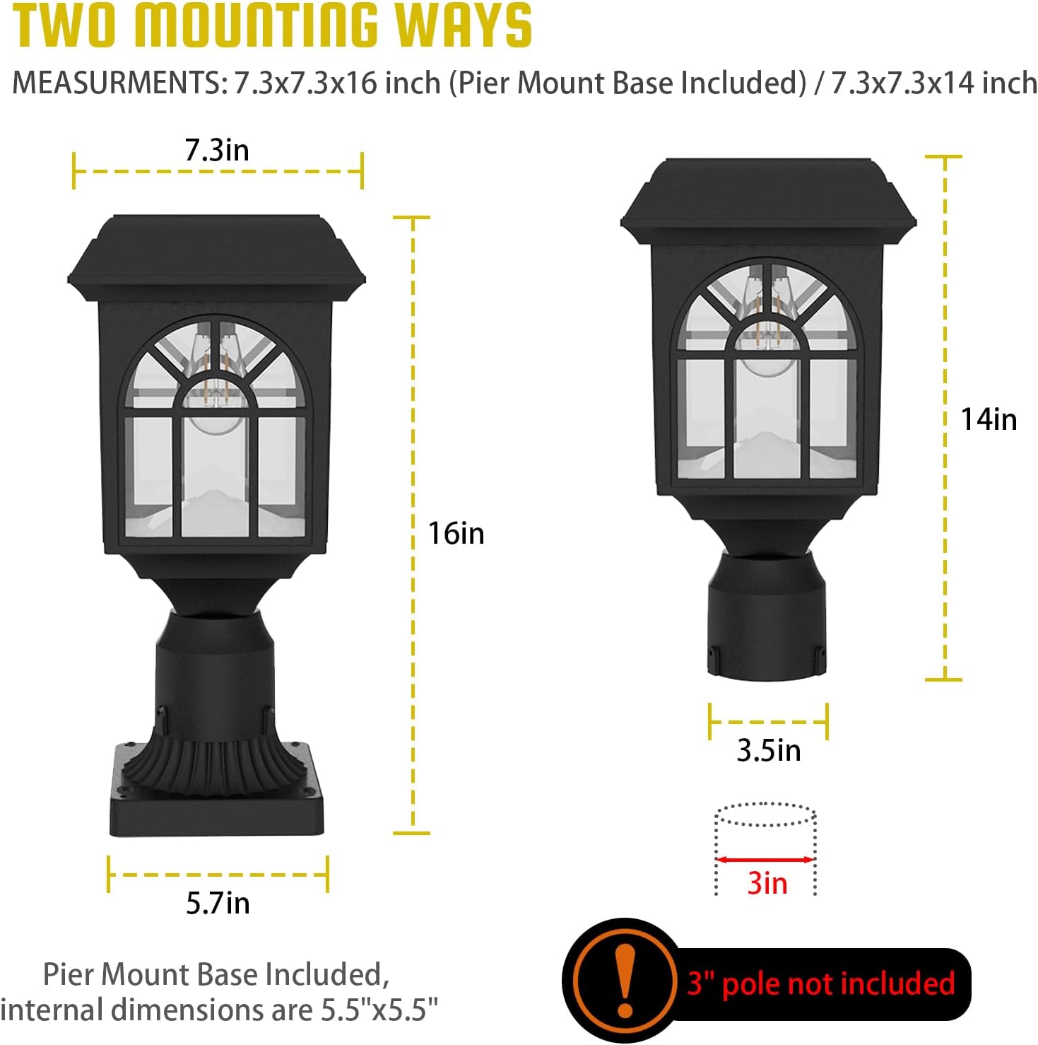 300 Lumens Solar Post Light - Dual Brightness (300LM/150LM), 3000K Warm White, IP65 Waterproof, Fits 3" Poles or with Base for Pier Mount | Modern Arch Design in Matte Black