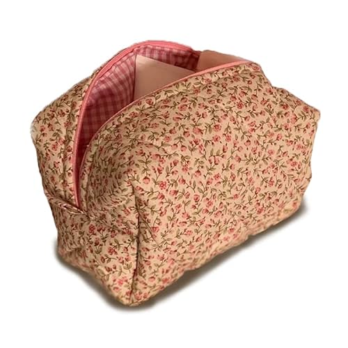 Cotton Floral Makeup Bag Aesthetic with Eco Friendly and Organic Quilting-Travel Skincare Pouch Bag (Baby Pink)