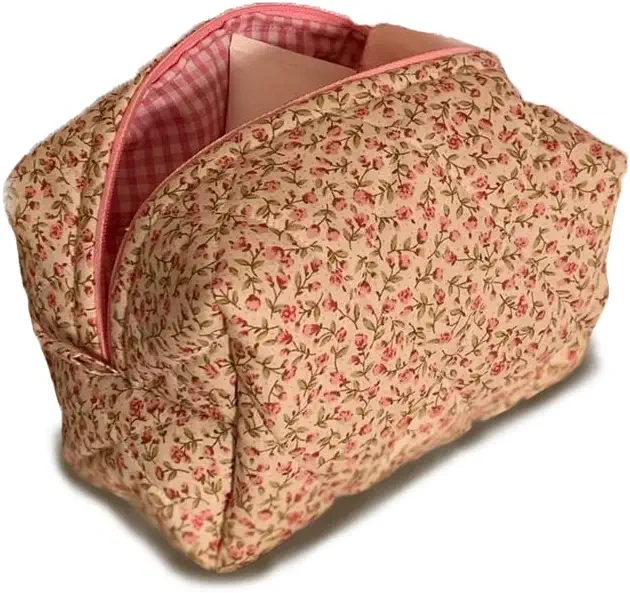 Cotton Floral Makeup Bag Aesthetic with Eco Friendly and Organic Quilting-Travel Skincare Pouch Bag (Baby Pink)