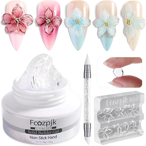Fcozpjk Clear Solid Builder Gel For Nails, 30g Hard Gel for Nails with Silicone Molds for Carving Non-Sticky Building 3D Sculpture Flowers Modeling Design Professional Manicure Supplies