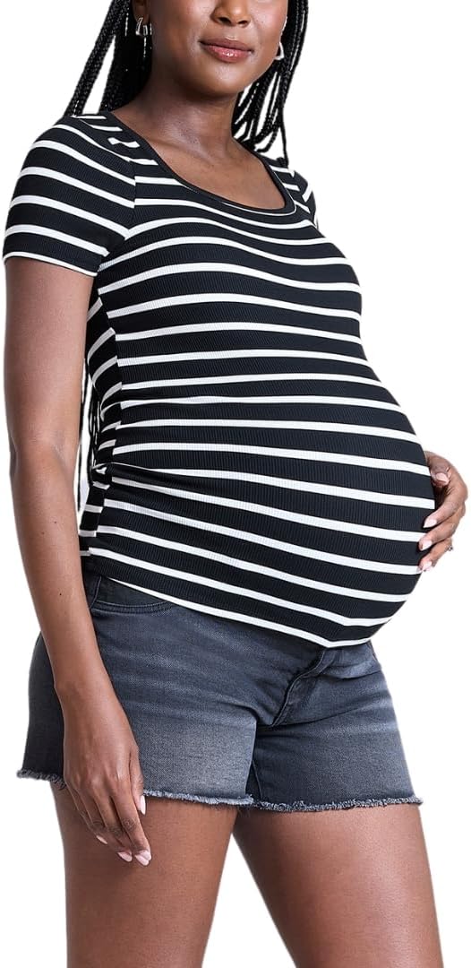 Motherhood Maternity Women’s Square Neck Rib Knit Short Sleeve Pregnancy Top