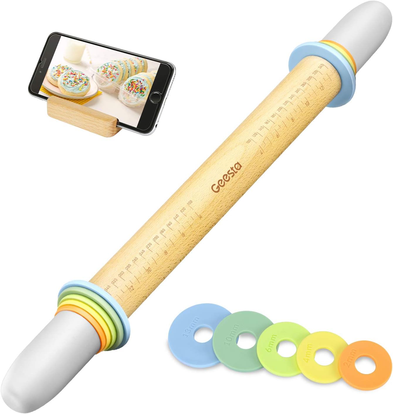 GeestaAdjustable Wood Rolling Pin with 5 Thickness Rings, Precise Dough Roller Handle Press Design with Measurement Guide for Baking Fondant, Pie Crust, Cookie, Pastry - Baking Essential