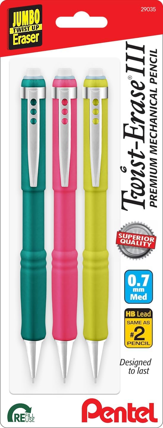 Pentel Twist-Erase III Mechanical Pencil, 0.7 mm, Assorted Barrel Colors, Pack of 3