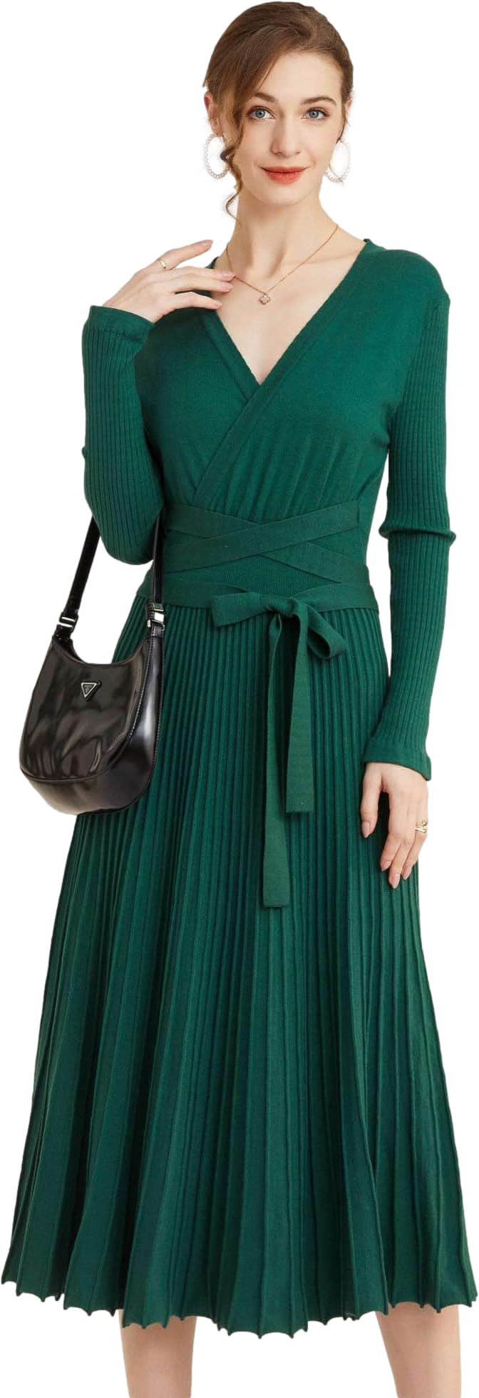 RanRui Womens Winter Fall Pleated Knitted Fit and Flare Long Sleeve Sweater Dress
