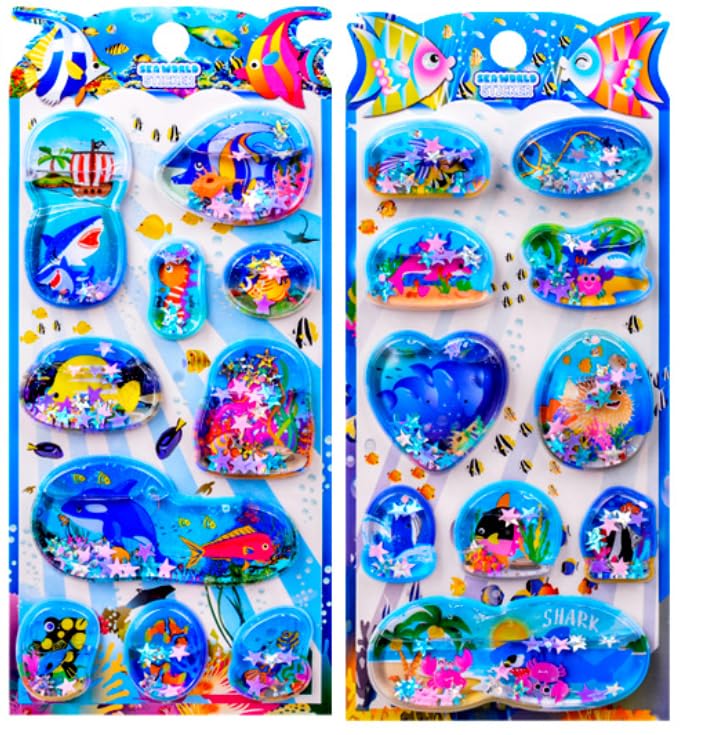 ウォーターシール ぷくぷく 3dシール 水入り 立体 カプセルステッカー 子供 ご褒美ステッカー 海の魚 動物 手帳DIY用 PVC材質 スマホケースデコ 女の子 子供向け 剥がしやすい (海の生き物柄-B)