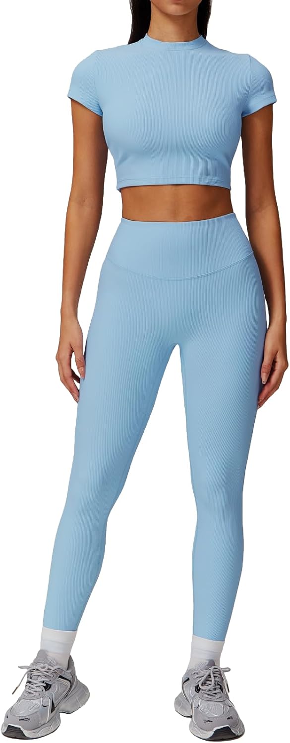 Women’s 2 Piece Workout Set – Short Sleeve Crop Top & High Waist Leggings – Athletic Yoga Outfit Activewear