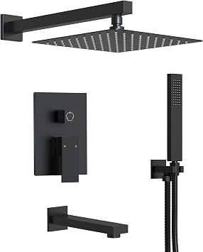Shower Tub Faucet Set, 10" Bathroom Rainfall Shower Head Fixtures Combo with Handheld Spray and Tub Spout, Matte Black Valve Included