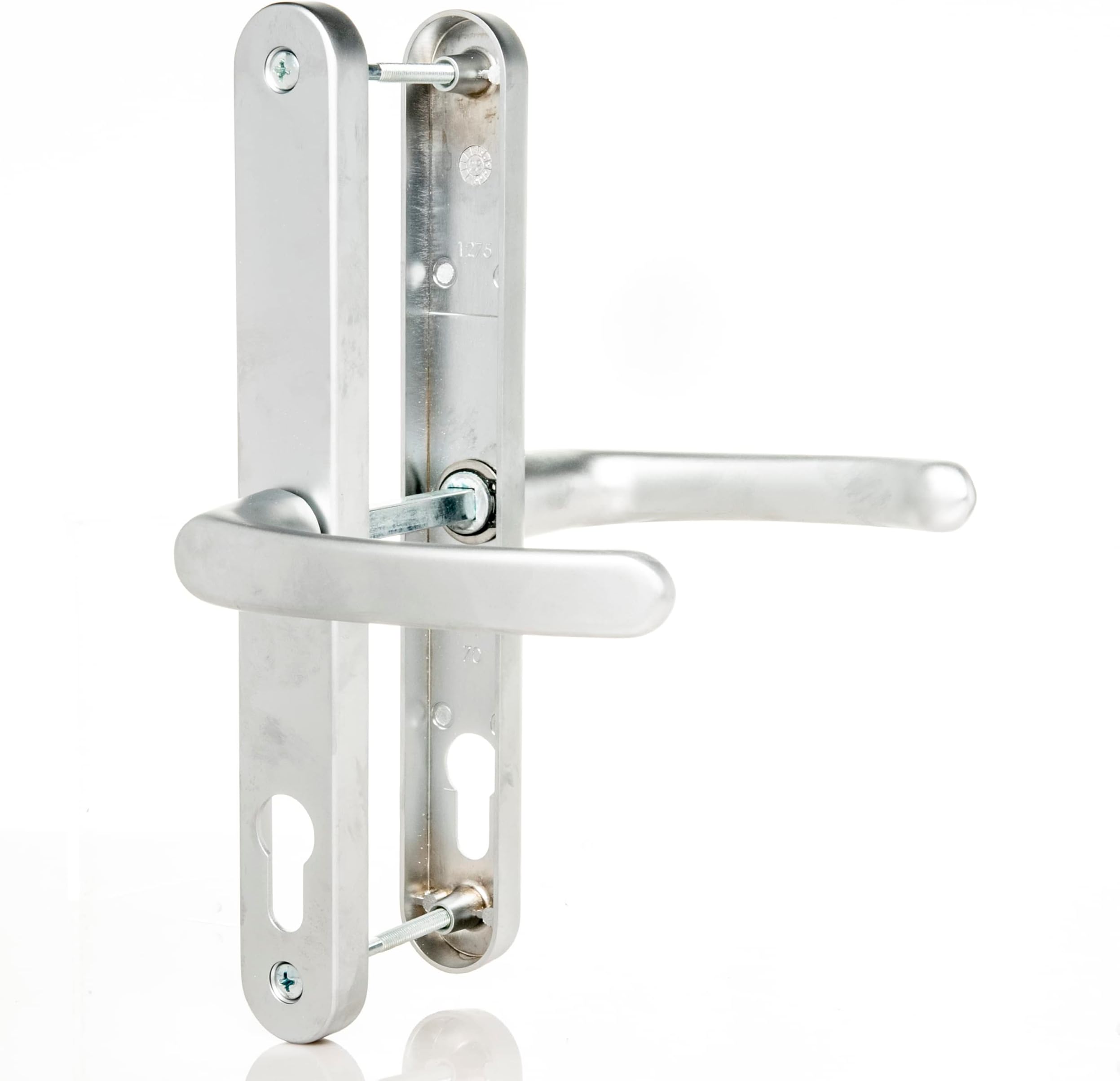 70mm PZ UPVC Door Handles Set Suits Cego Locks - Satin Silver - Lever/Lever - 70mm PZ (Centres) - 215mm Screw to Screw - Backplate 245mm X 32mm - UPVC Door Handle - Silver Replacement PVC Door Handle