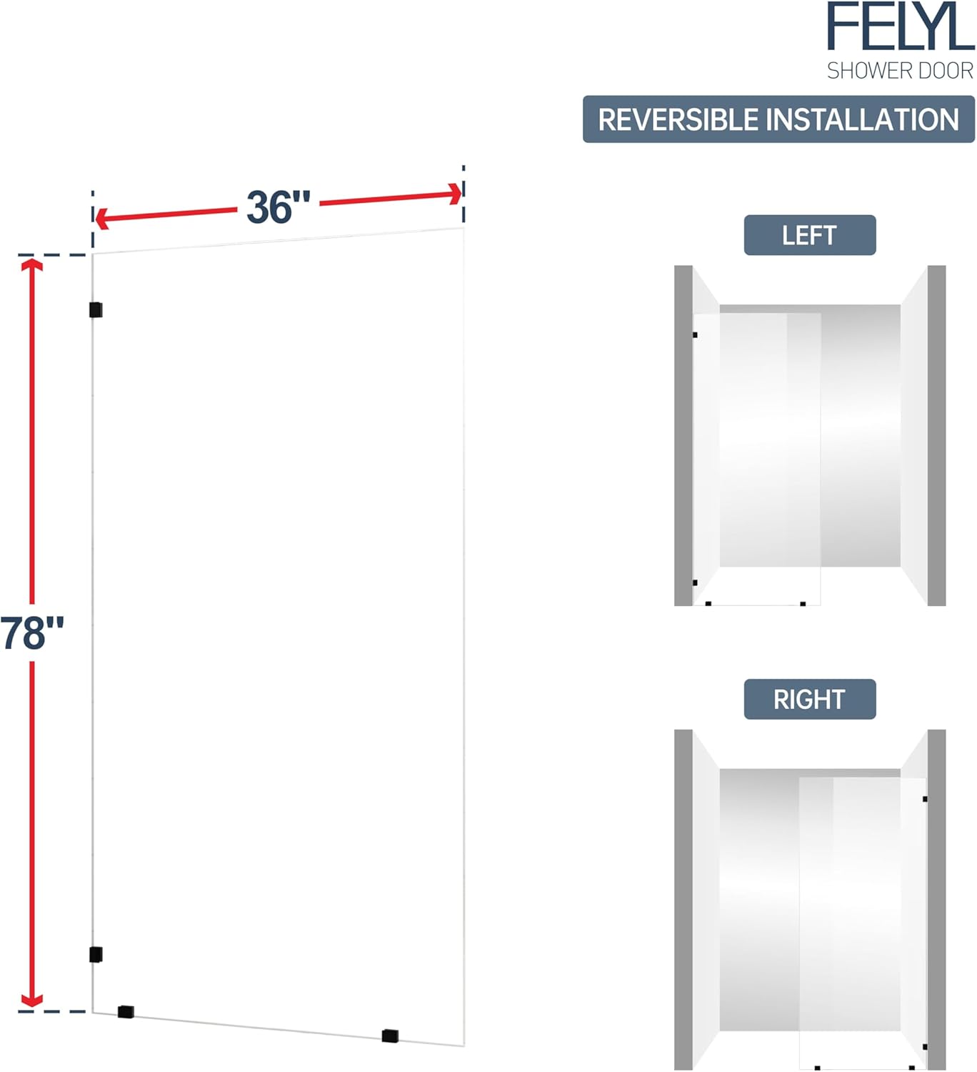 Shower Glass Panel 36" W x 78" H, Matte Black, Frameless Fixed Glass Panel, Clear 3/8" (10mm) SGCC Tempered Glass, Reversible Installation