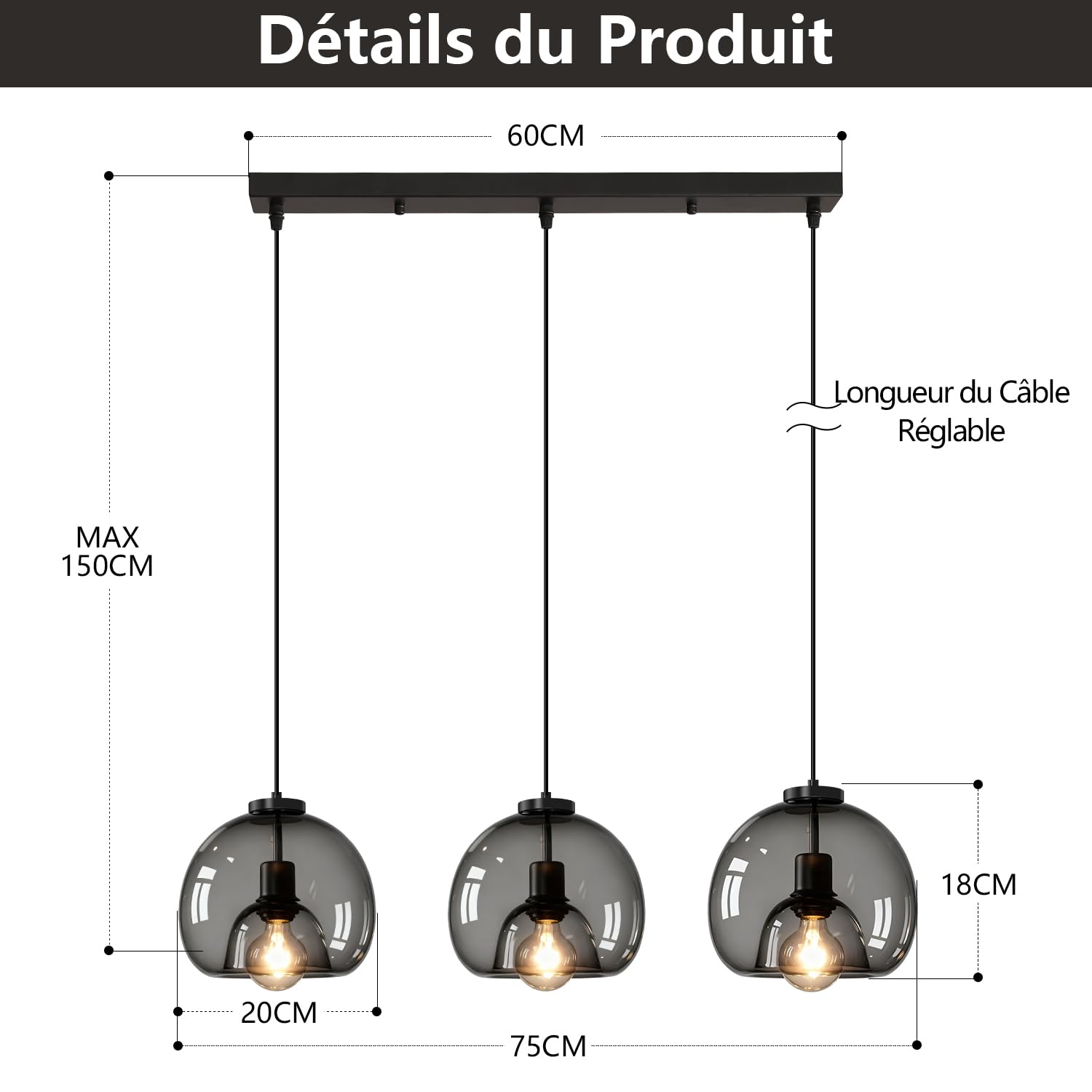 Suspension Luminaire en Verre Vintage, 3 Lampes Lustre Plafonnier E27, Noir | Hauteur Réglable, Abat-jour en Verre Noir, Rétro Lampe Suspension de Table à Manger, Eclairage de Plafond Pour Salon, Cuisine