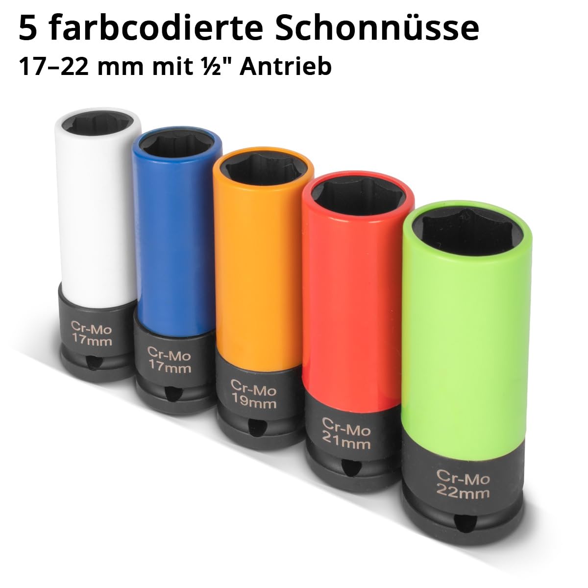 STAHLWERK Radnaben-Service & Felgen-Demontage-Set 16-teilig, 1/2" Antrieb | 5 Schonnüsse für Alufelgen, 4 Ausdrehschlagnüsse 17-22 mm, 2 Topf-Drahtbürsten 65 und 75 mm, Adapter M14 x 2,0