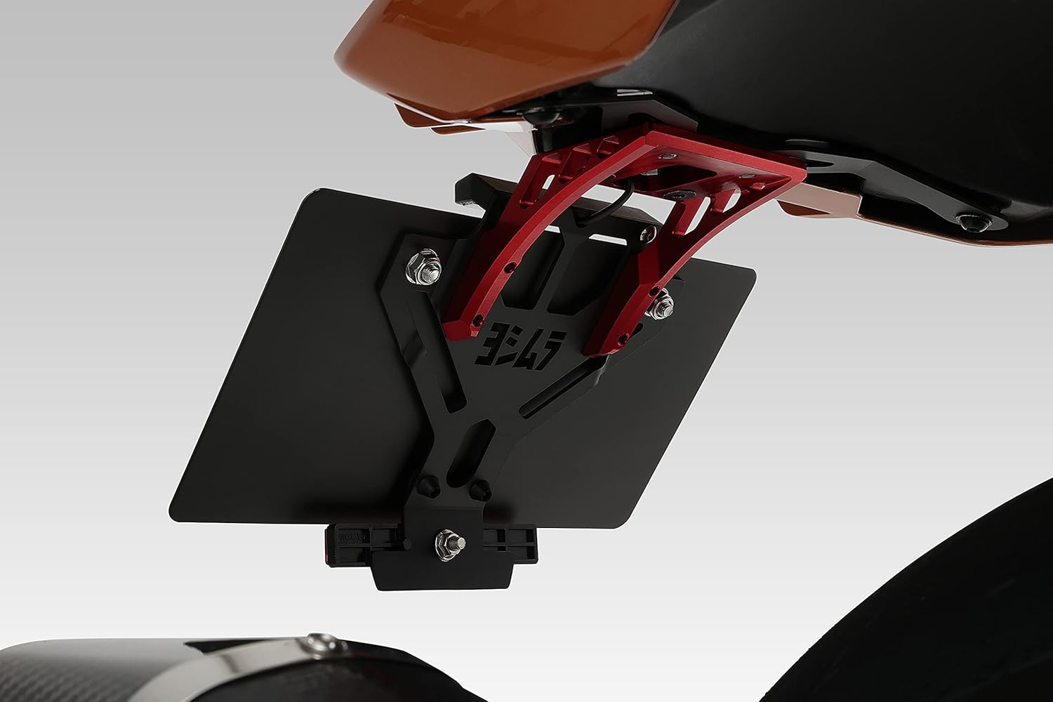 Side view of the installed YOSHIMURA Fender Eliminator Kit showing the 40-degree angle compliance