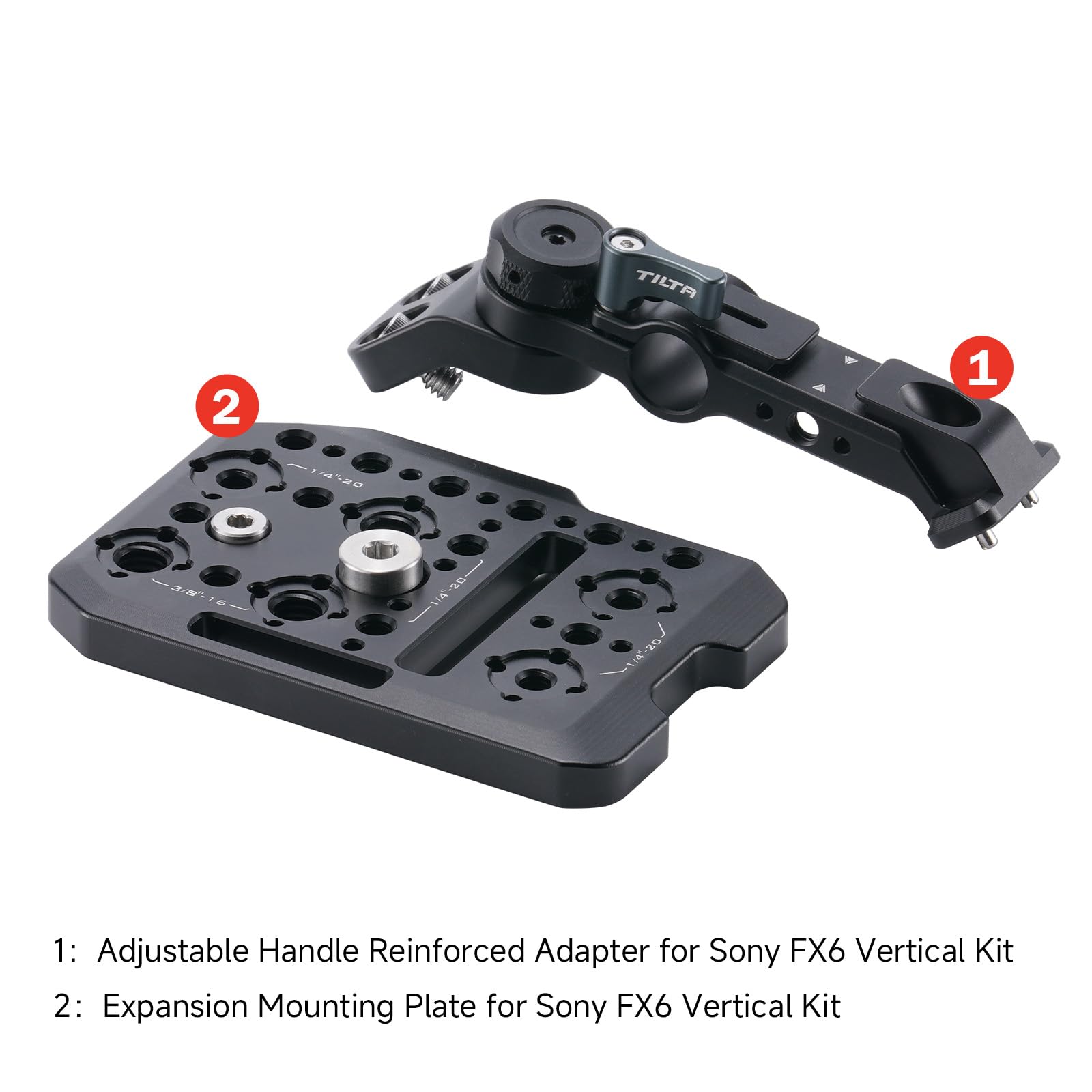 Tilta Soporte de montaje vertical resistente, Compatible con la jaula Sony FX6 con mango ajustable, placa de montaje de expansión con roscas 1/4"-20 y 3/8"-16 y pasadores de posicionamiento ES-T20-VMB