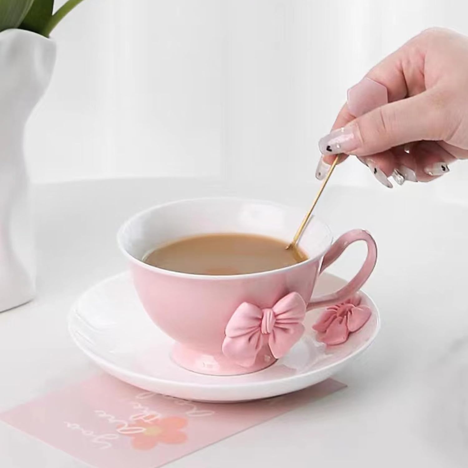 Disoza 200 ml Coffee Cups Set with Saucer Cute Mug Dark Pink Bow Coffee Mug Ceramic Cup with Bow and Handle Porcelain Coffee Tea Cup image 4