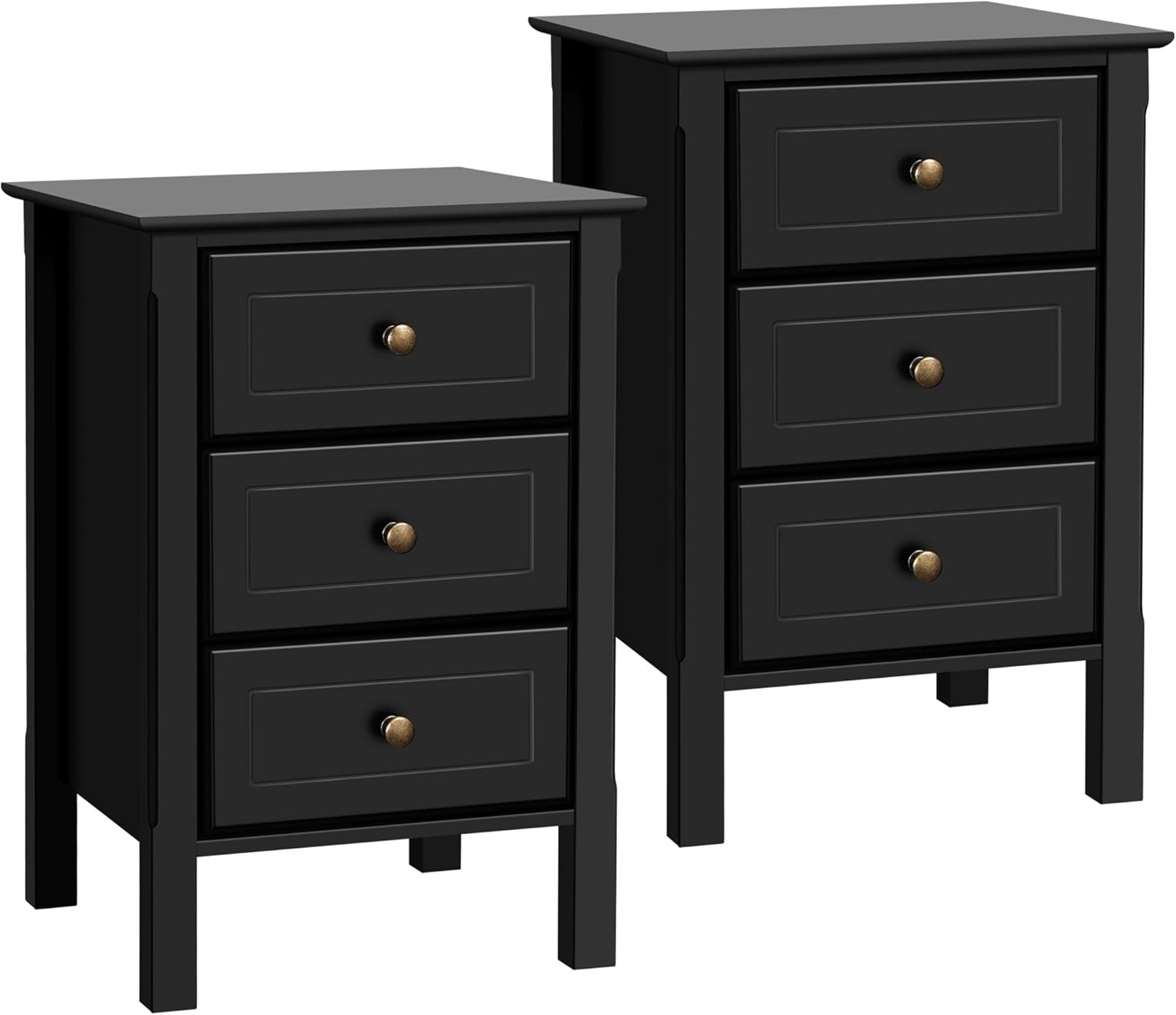 Topeakmart 3 Drawer Nightstand Set of 2 with Solid Wood Legs, Wooden Bedside Table with Spacious Storage Drawer for Bedroom, Night Stand Bedside Cabinet for Home Office, 16″ L×16″ W×24″ H, Black
