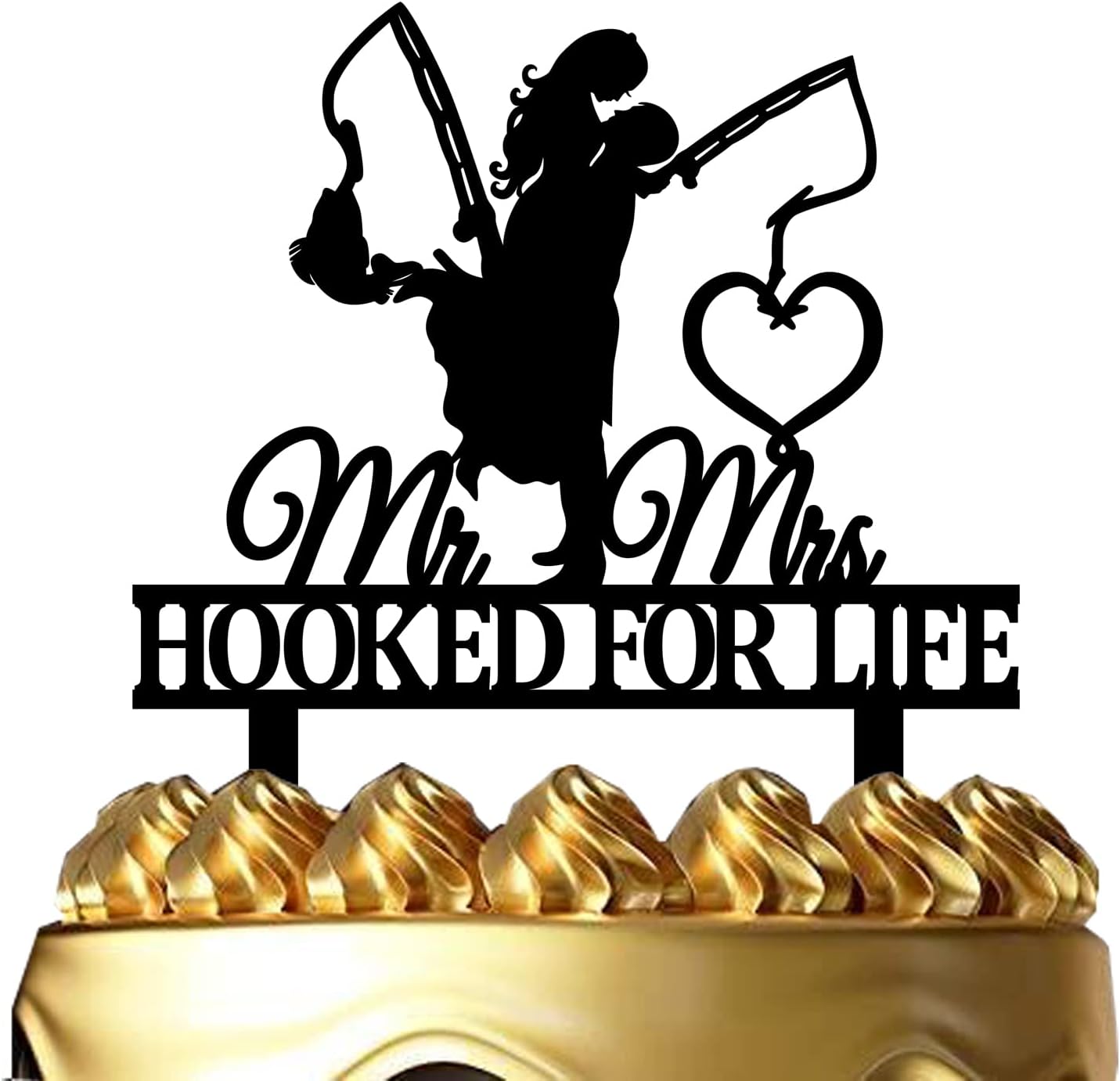 Funny Fishing Wedding Cake Topper - HOOKED FOR LIFE - Groom Hugging Bride Fishing Couple Cake Topper, Mr&Mrs Wedding Cake Topper (Fishing Couple)