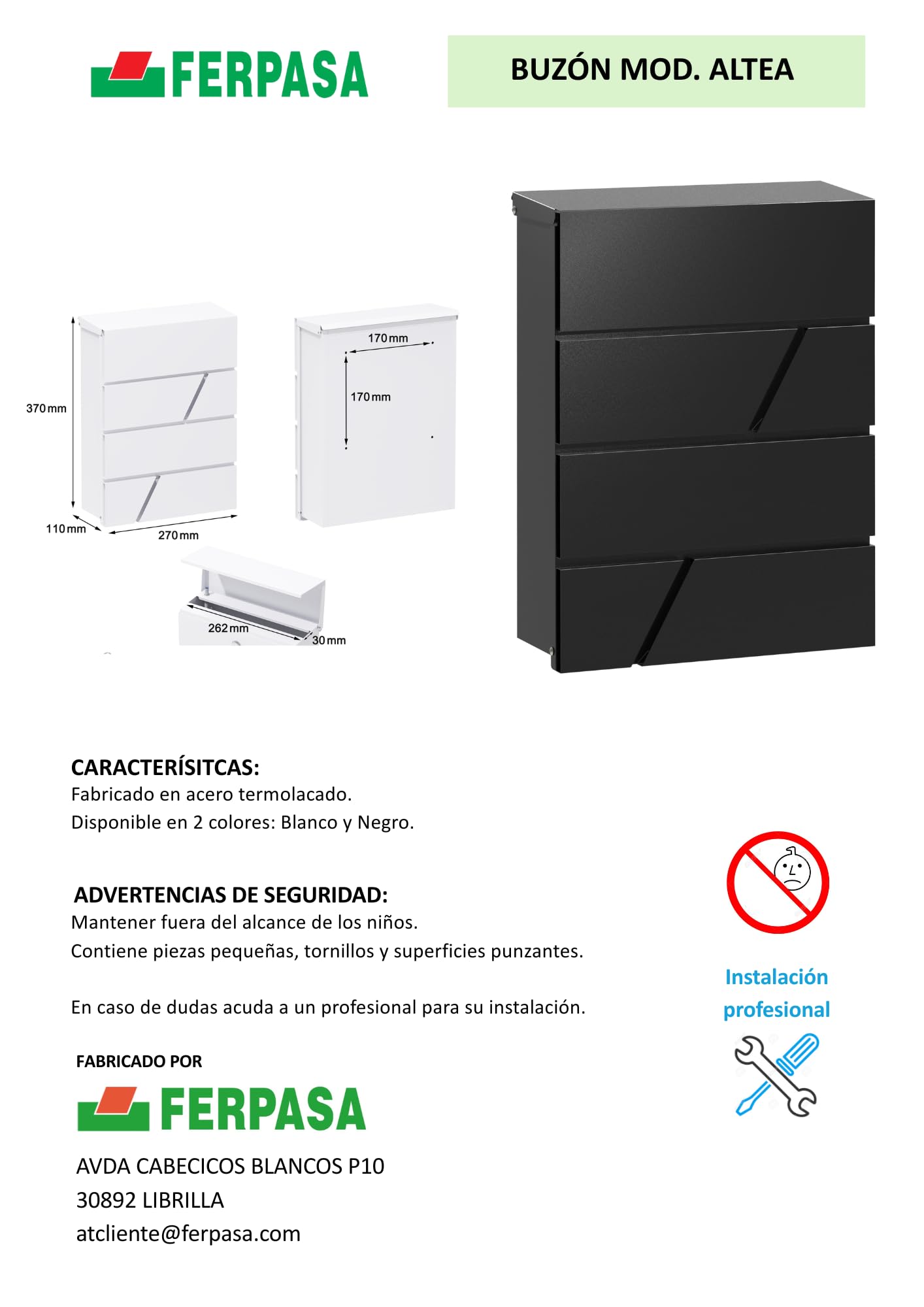 FERPASA® - Buzón Moderno de Pared para Exterior – Diseño Minimalista Premium en Acero Termolacado – Resistente a la Intemperie – Incluye Accesorios de Instalación (Negro)