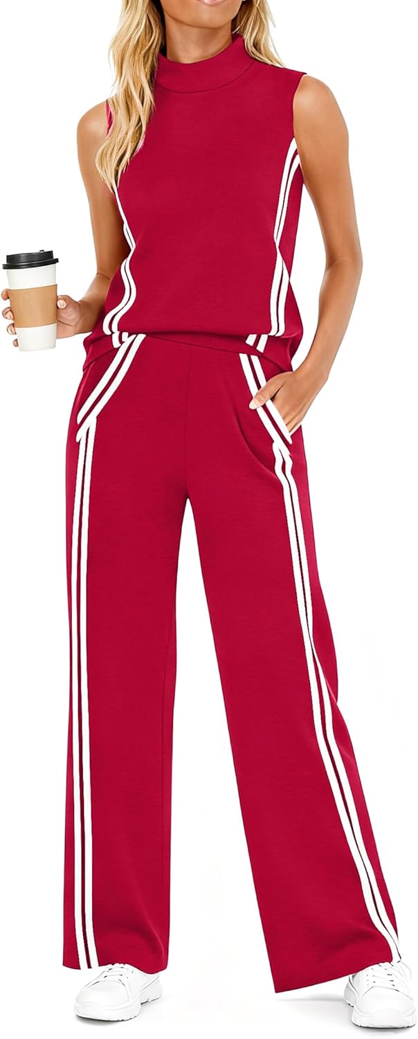 Casly Lamiit Womens 2 Piece Lounge Set Stripes Travel Outfits Sweatsuit Mock Neck Tank Top Wide Leg Pants Casual Activewear