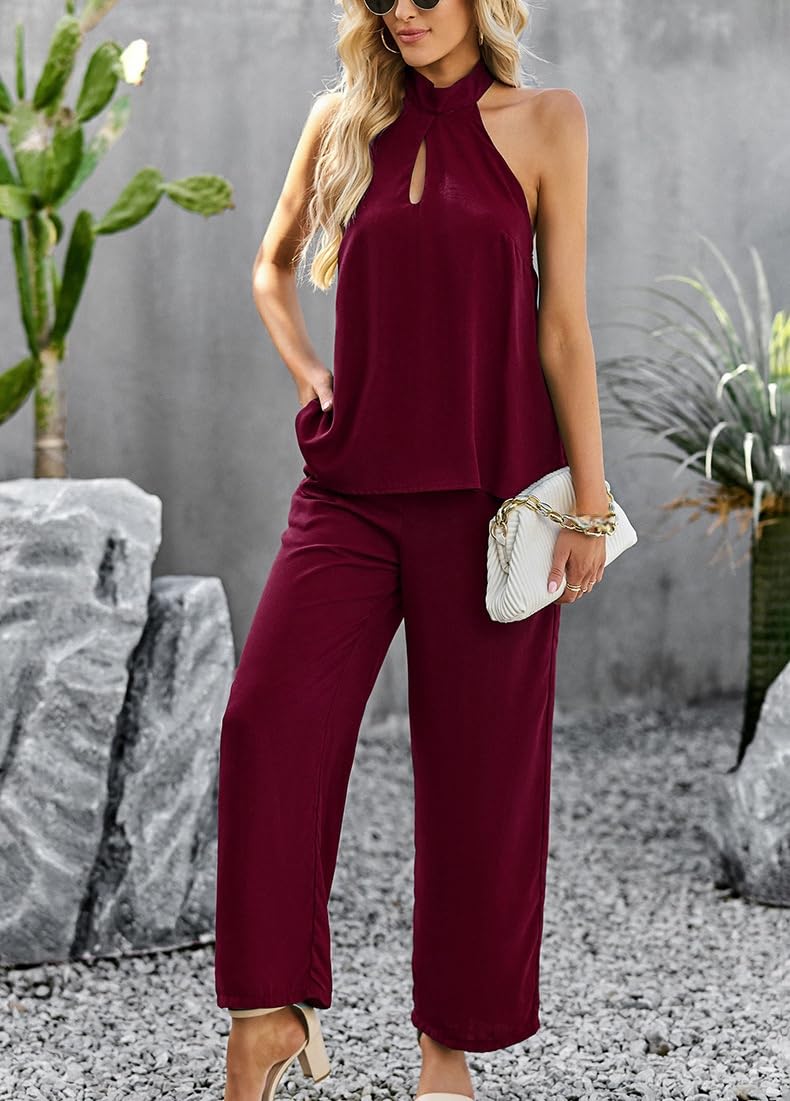 Co Ord zestawy dla kobiet spodnie i top, czarne wiązane na szyi paski bez pleców seksowna kamizelka bez rękawów koszulka na co dzień spodnie z szerokimi nogawkami moda salon wyjście zestawy