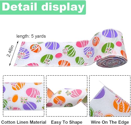 Miniatura 2 de 2 rollos de cinta de Pascua con borde con alambre de 10 yardas, lazos de arpillera de puntos blancos y morados de 2.5 pulgadas para corona, huevos