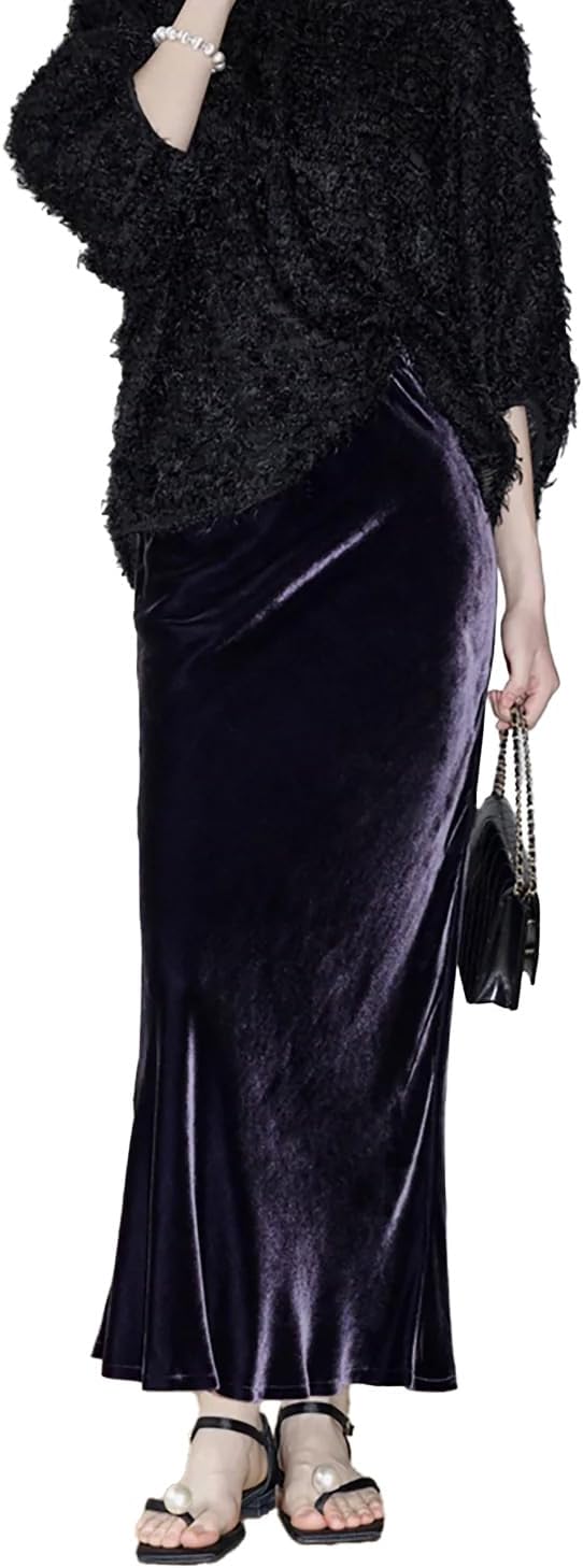 DAISYSILK Women’s Silk Velvet Maxi Skirt High Waist Side Slit Long Skirt Elegant Formal Evening Wear