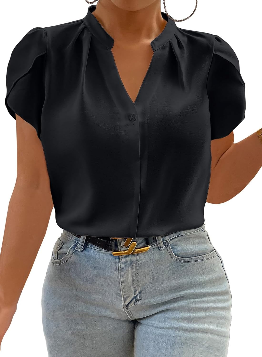 Eytino Women Plus Size Shirts Summer V Neck Petal Sleeve Business Work Dressy Blouse Tops(1X-5X)