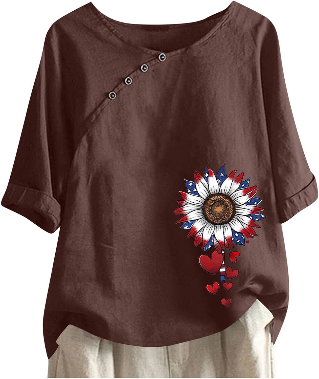 Womens 4th of July T Shirts Button Side Short Sleeve Sunflower Print Blouses Independence Day Tops