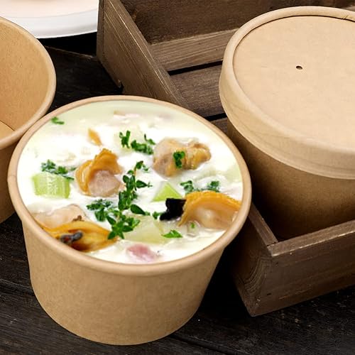 Miniatura 3 de Paquete de 50 tazas de sopa de papel desechables de 8 onzas con tapas, recipientes de sopa de papel desechables, vasos de papel kraft para alimentos