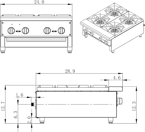 Miniatura 2 de ERUPTA Cocina de cocina de gas natural y propano comercial de 24 pulgadas con 4 quemadores BTU 112,000 equipos de restaurante