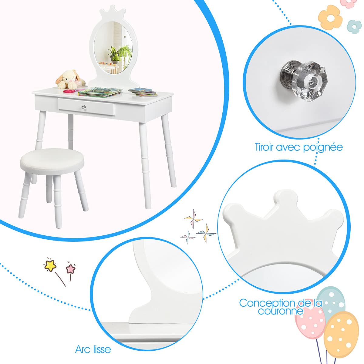 GOPLUS Tocador Infantil con Espejo en Forma de Corona (Incluye Mesa de Maquillaje y Taburete), 1 cajón, Accesorio de Maquillaje, Mesa de Maquillaje para niñas, Estilo Princesa (Blanco)