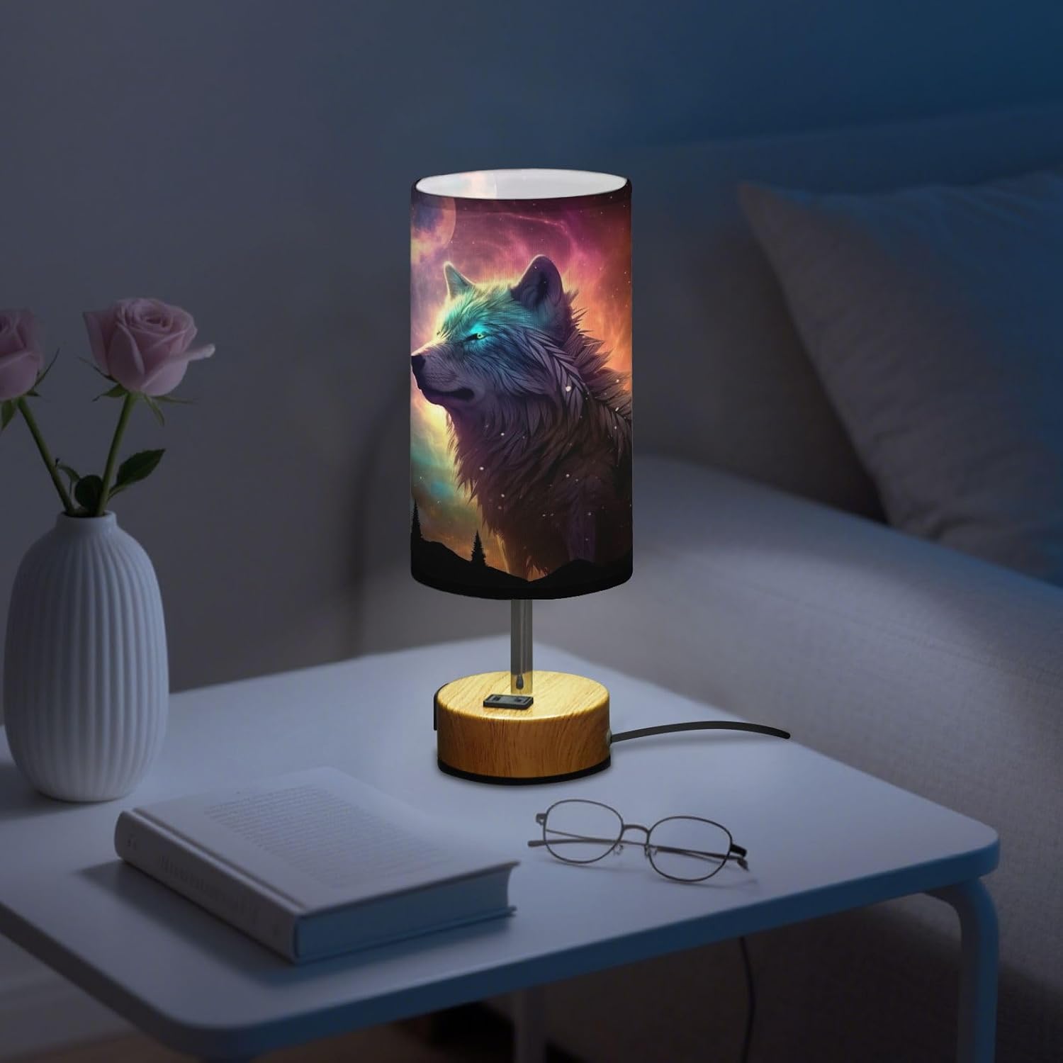 Qilmy 3-Way Dimmable Touch Control Table Lamp, Galaxy Wolf Bedside Lamp with USB Port, Modern Nightstand Lamp with Linen Shade & Warm LED Bulb for Bedroom, Office, Living Room