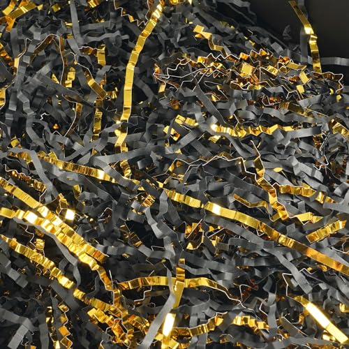 Uptotop 5oz Crinkle Cut Paper Shred Filler for Gift Wrapping Gift Basket Filling Perfect for Birthday Christmas Thanksgiving Halloween Easter Valentines Day Mothers Day Fathers Day Wedding & Holiday Decor Black and Gold