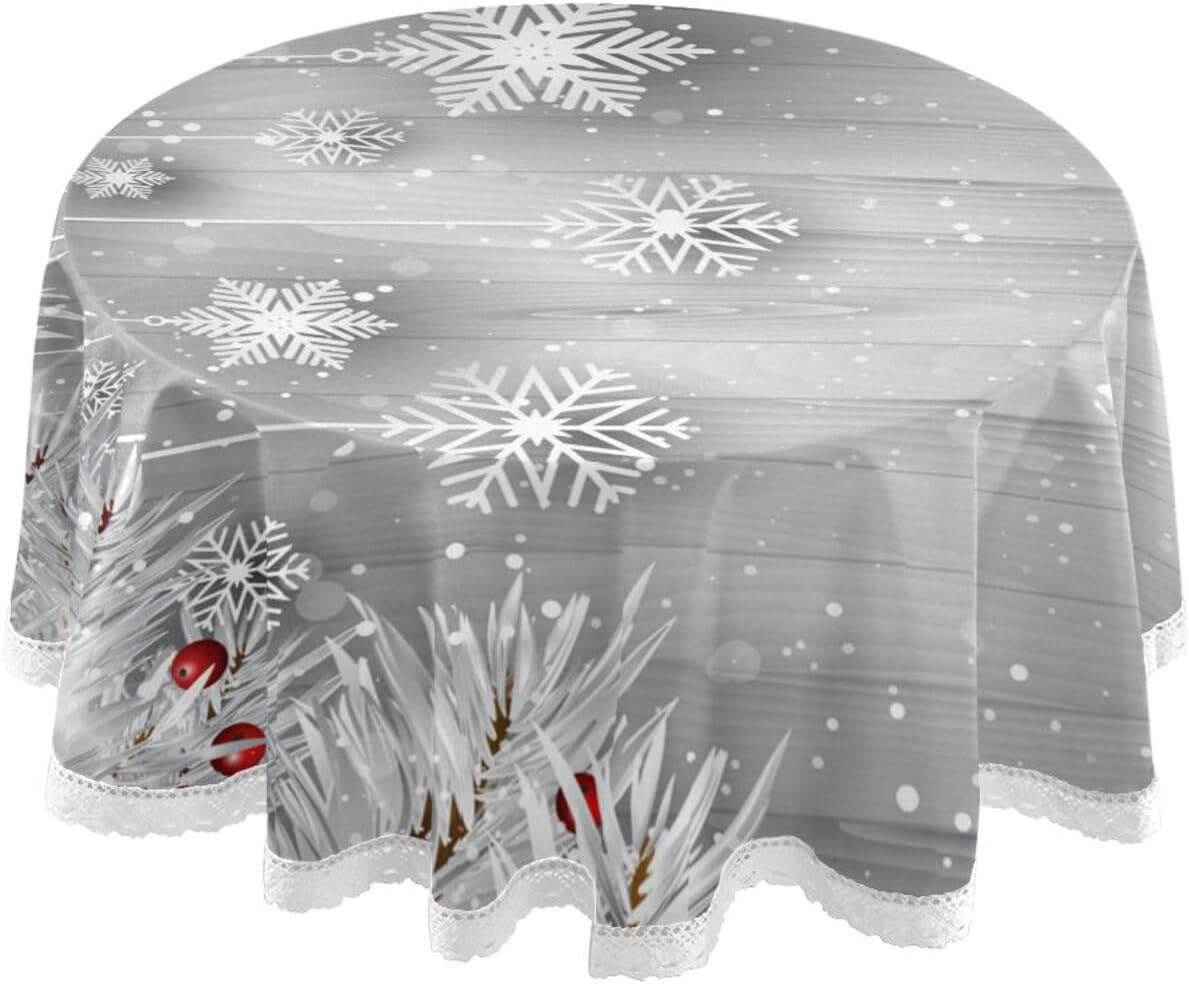 ALAZA Silver Christmas Tree Snowflake Round Tablecloth Polyester Lace Table Covers Circle Table Cloth 60 Inch for Birthday Party Wedding Holiday Kitchen Dining Room Decoration