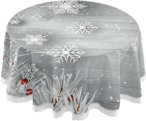 Miniatura 1 de ALAZA Mantel redondo de encaje de poliéster con diseño de copo de nieve y árbol de Navidad plateado, 60 pulgadas para decoración de cumpleaños,